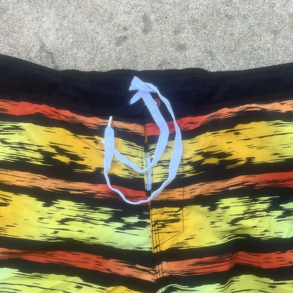 TYR Men's Yellow Orange Black Stripe Design Lined Swim Trunks Size XL